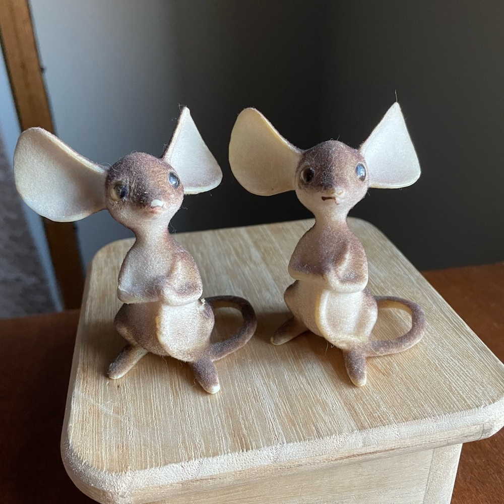 Lot of 2 Vintage Parma Flocked Mouse Mice Oversized Ears Figurine Kitschy MCM